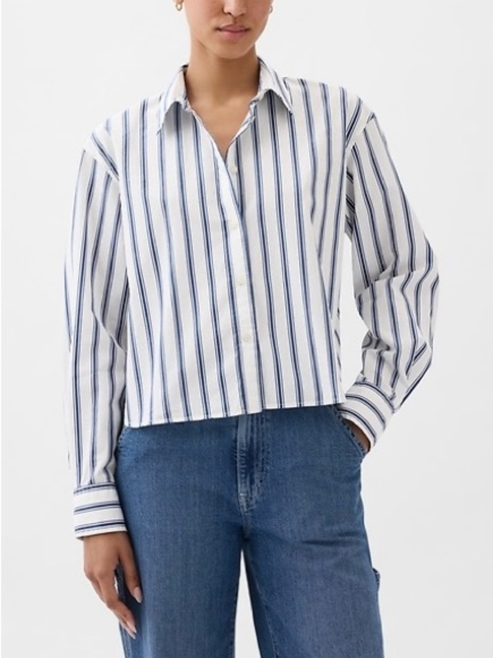 GAP Cropped White Shirt with Blue Vertical Stripes